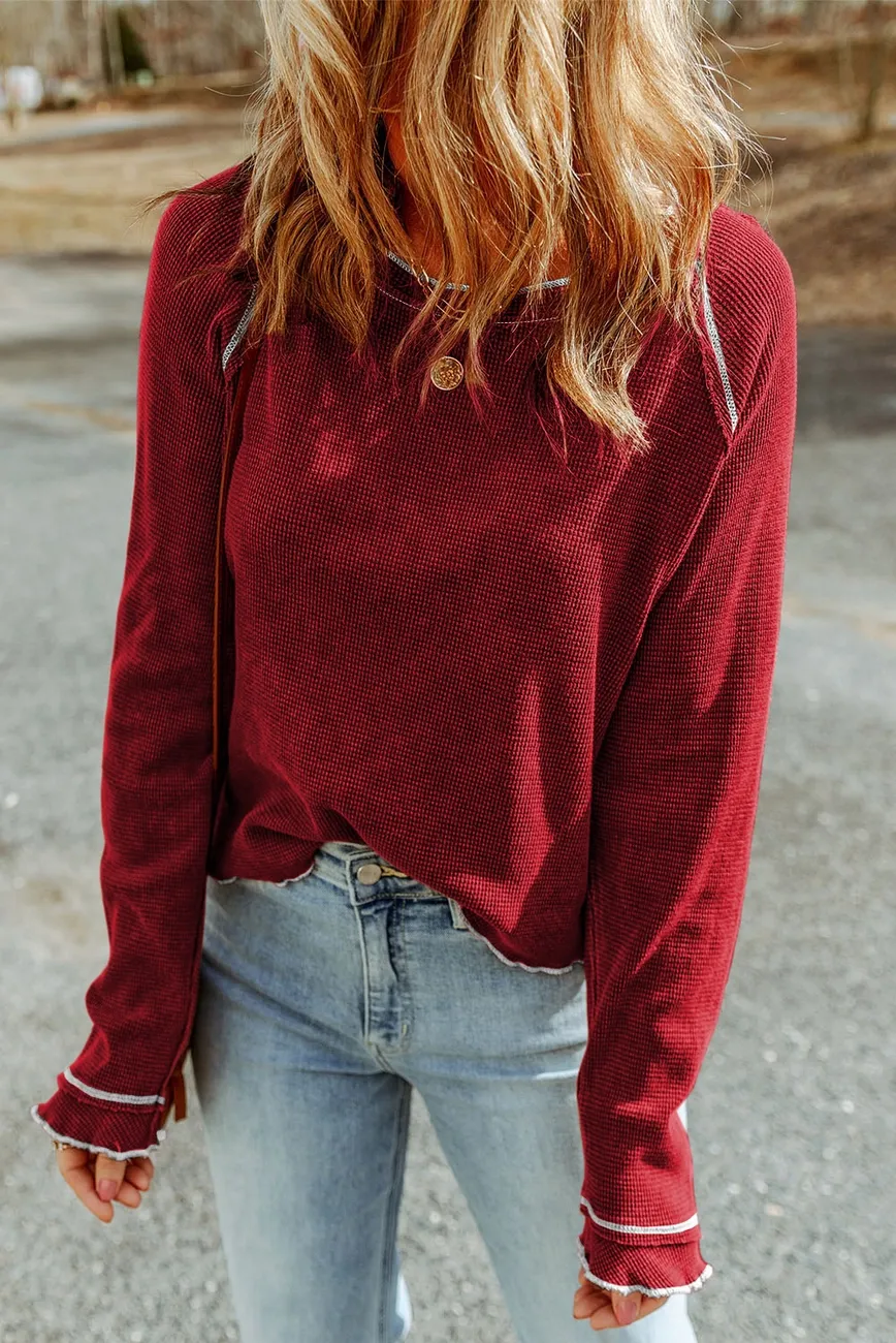 Textured Round Neck Long Sleeve Top, Color: Fiery Red, Size: Sm