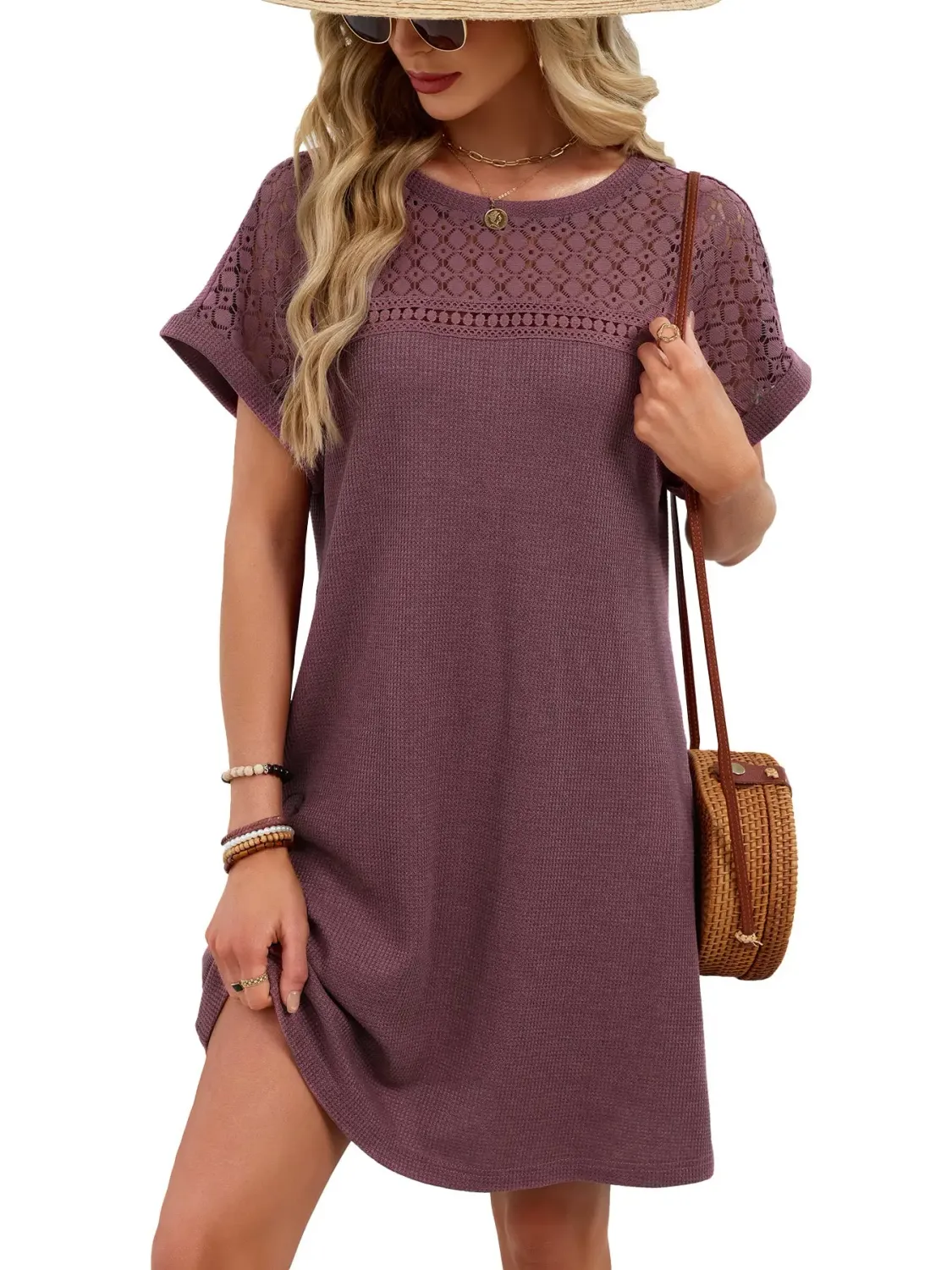 Lace Patchwork Brick Red Casual Short Sleeve Loose Dress, Size: Sm