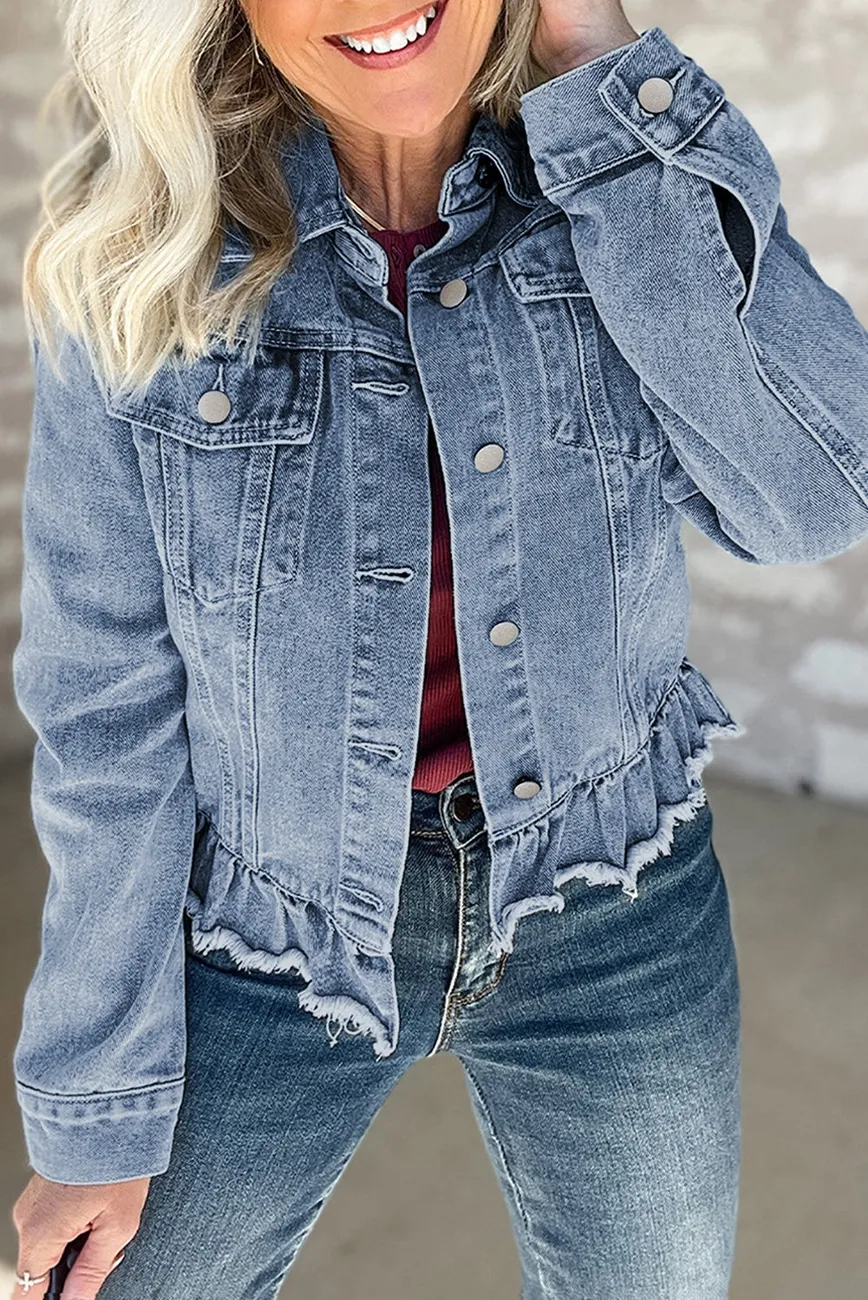 Ruffle Raw Hem Flap Pockets Denim Jacket, Size: Sm