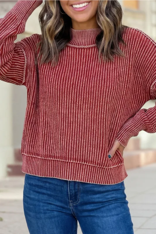 Drop Shoulder Mock Neck Ribbed Sweater