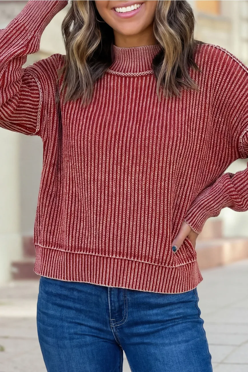 Drop Shoulder Mock Neck Ribbed Sweater, Size: Sm