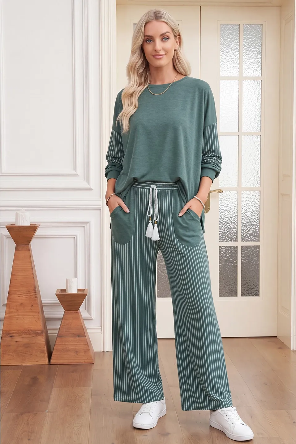 Green Contrast High Waist Pants Set, Color: Green, Size: SM