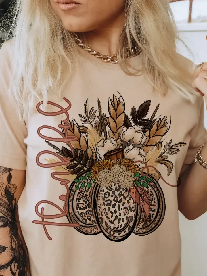 Fall Pumpkin Floral Thankful Vintage Faith Brown Graphic Tee, Size: SM