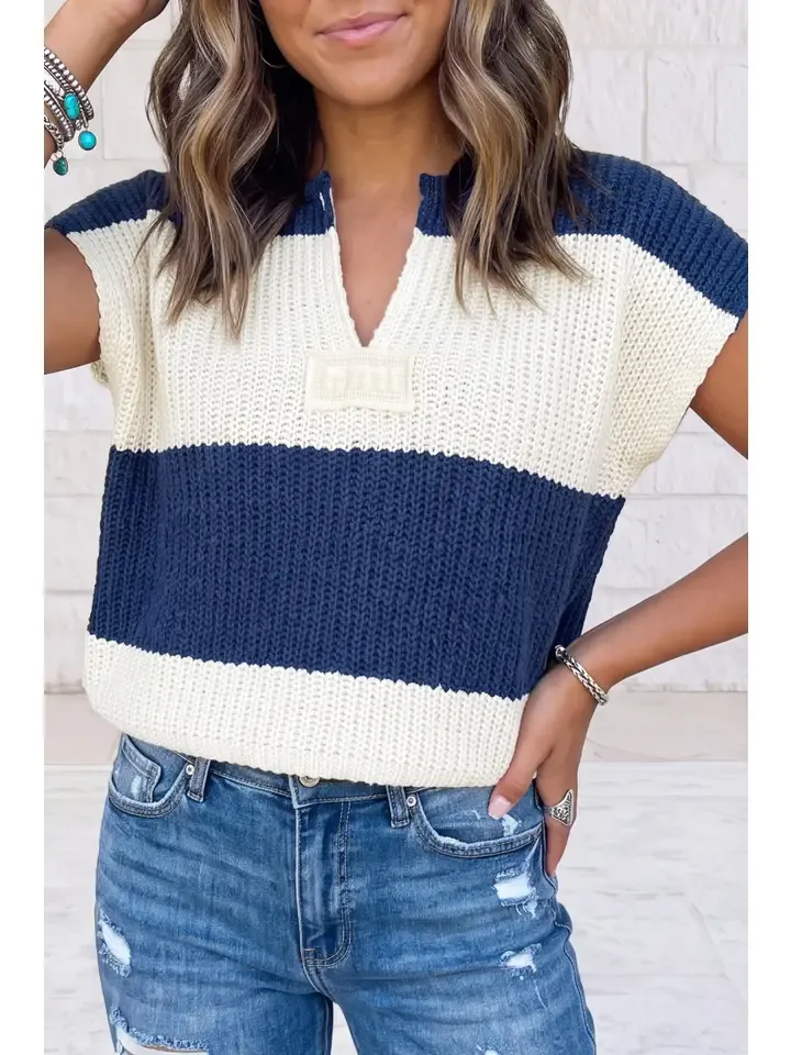 Striped Colorblock Knit V Neck Short Sleeve Loose Sweater, Size: SM