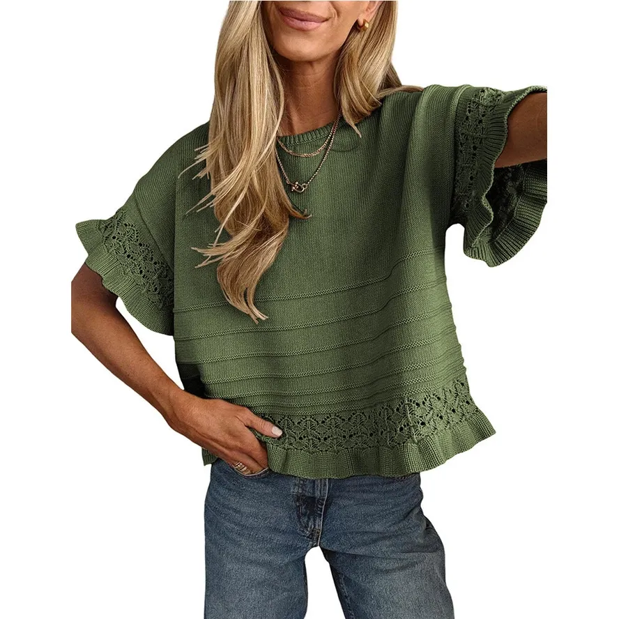 Boho Solid Knit Top Casual Eyelet Ruffle Sleeve, Size: SM