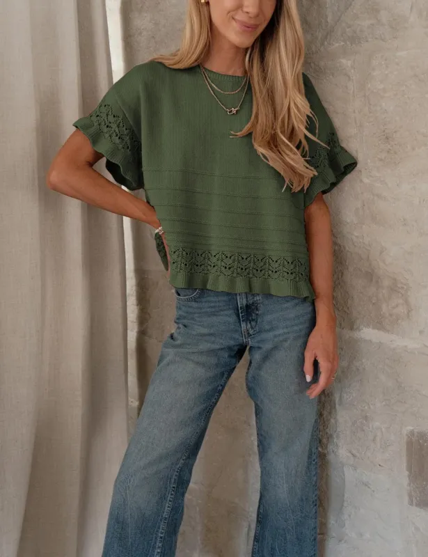 Boho Solid Knit Top Casual Eyelet Ruffle Sleeve