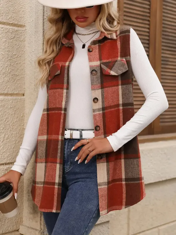 Plaid Shacket Vest with Pockets, Sleeveless Oversized
