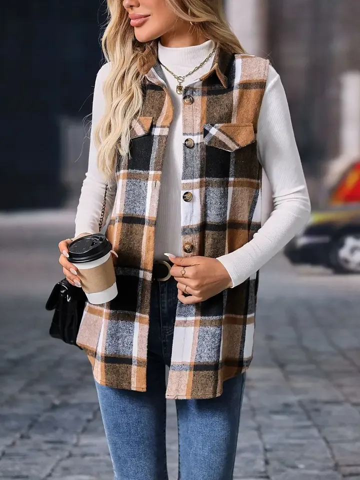 Plaid Shacket Vest with Pockets, Sleeveless Oversized, Color: KHAKI, Size: SM