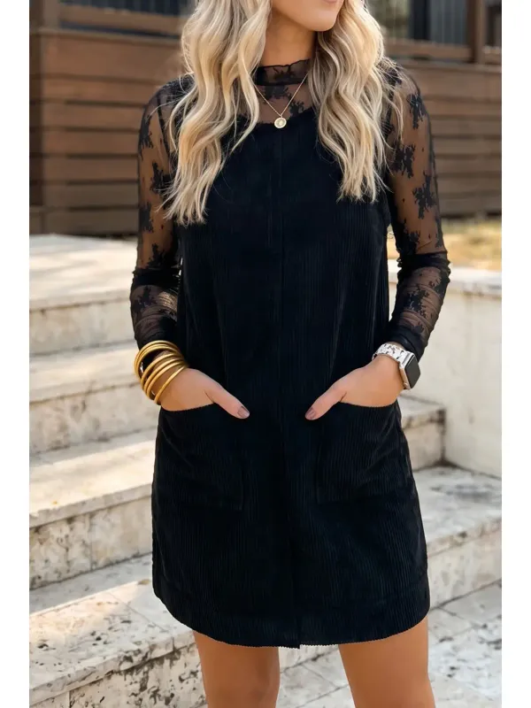 Corduroy Sleeveless Mini Dress with Patched Pockets