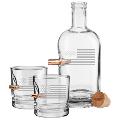 BENSHOT US FLAG WHISKEY DECANTER AND TWO ROCKS GLASSES