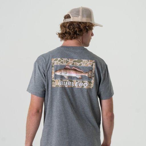 BURLEBO SHORT SLEEVE POCKET TEE, Size: XXLarge, color: KEEPER REDFISH - DARK HEATHER GREY