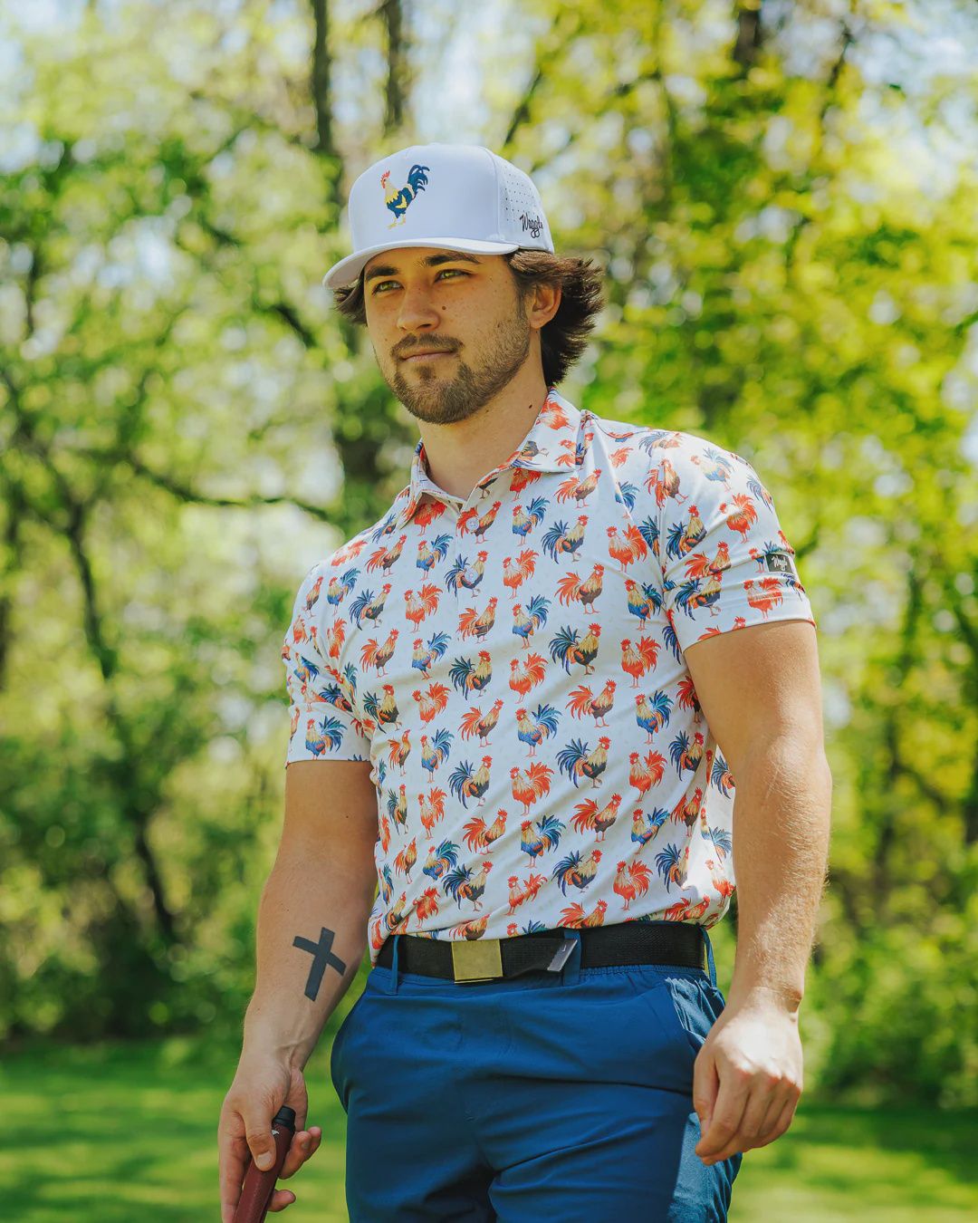 WAGGLE MEN'S GOLF POLOS, Design: Cocky Rooster, Size: Small