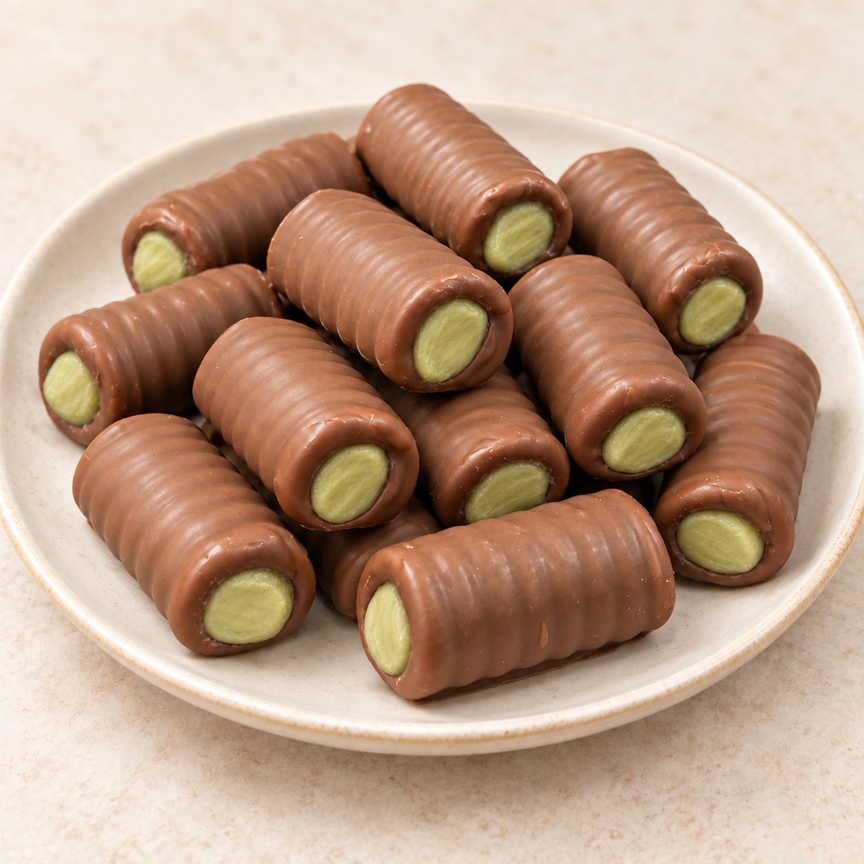 Huesitos con praliné de Pistacho y chocolate.