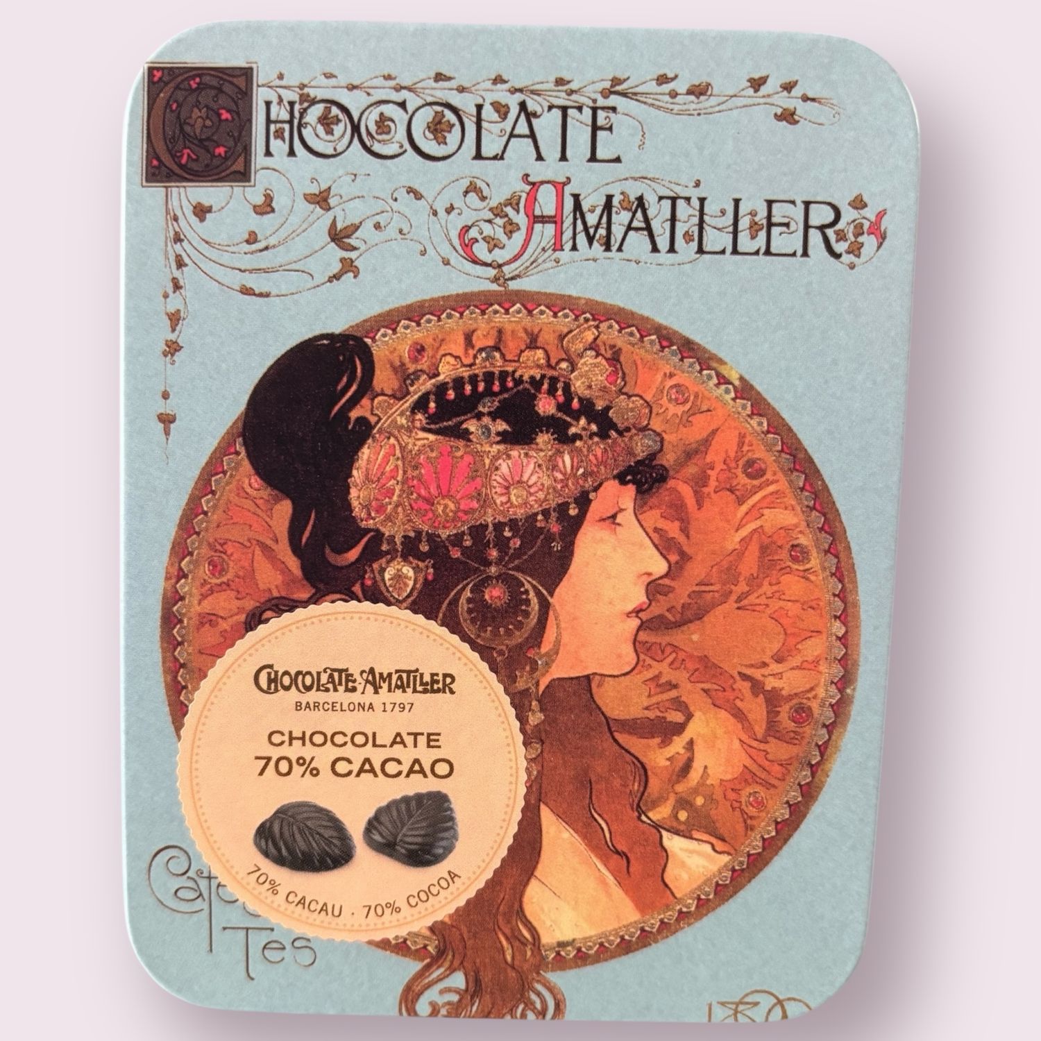 Caja metálica con bombones de chocolate 70% Cacao