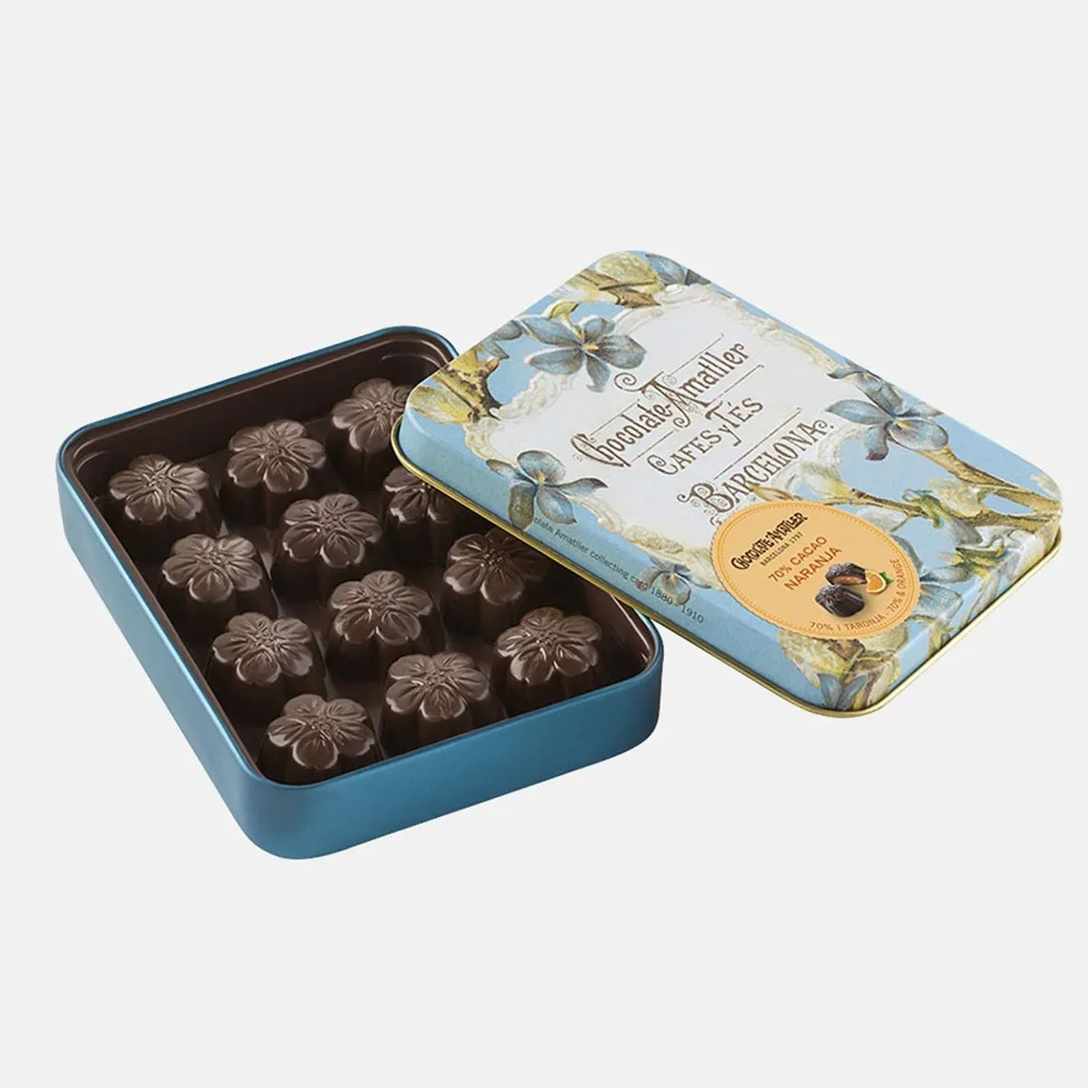 Cajita metálica con bombones del 70% Cacao y Naranja (72 gramos)