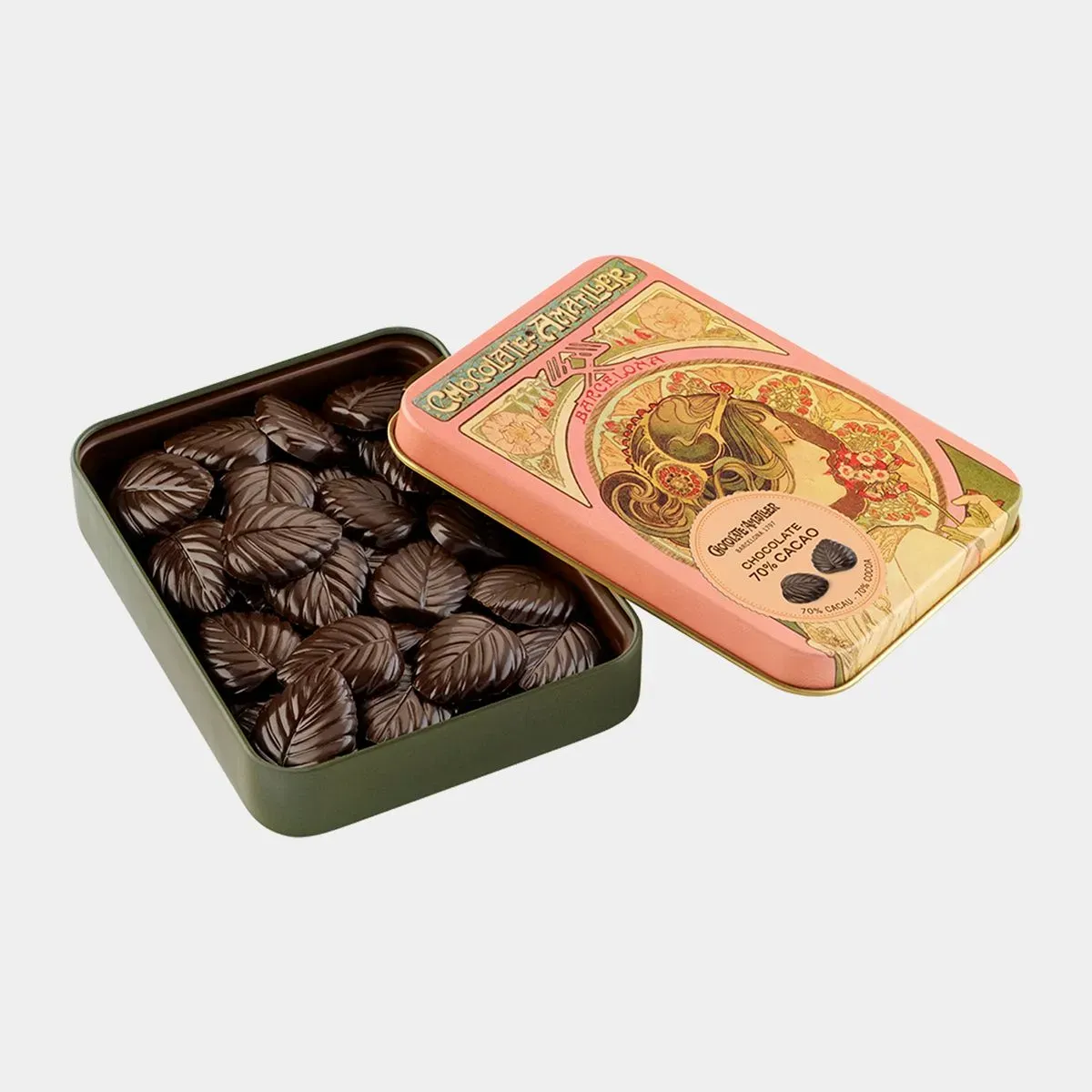 Caja metálica con bombones de chocolate 70% Cacao