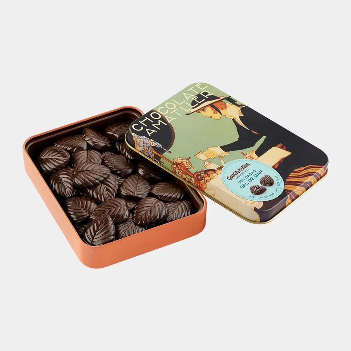 Caja metálica con bombones del 70% Cacao y Sal de Mar