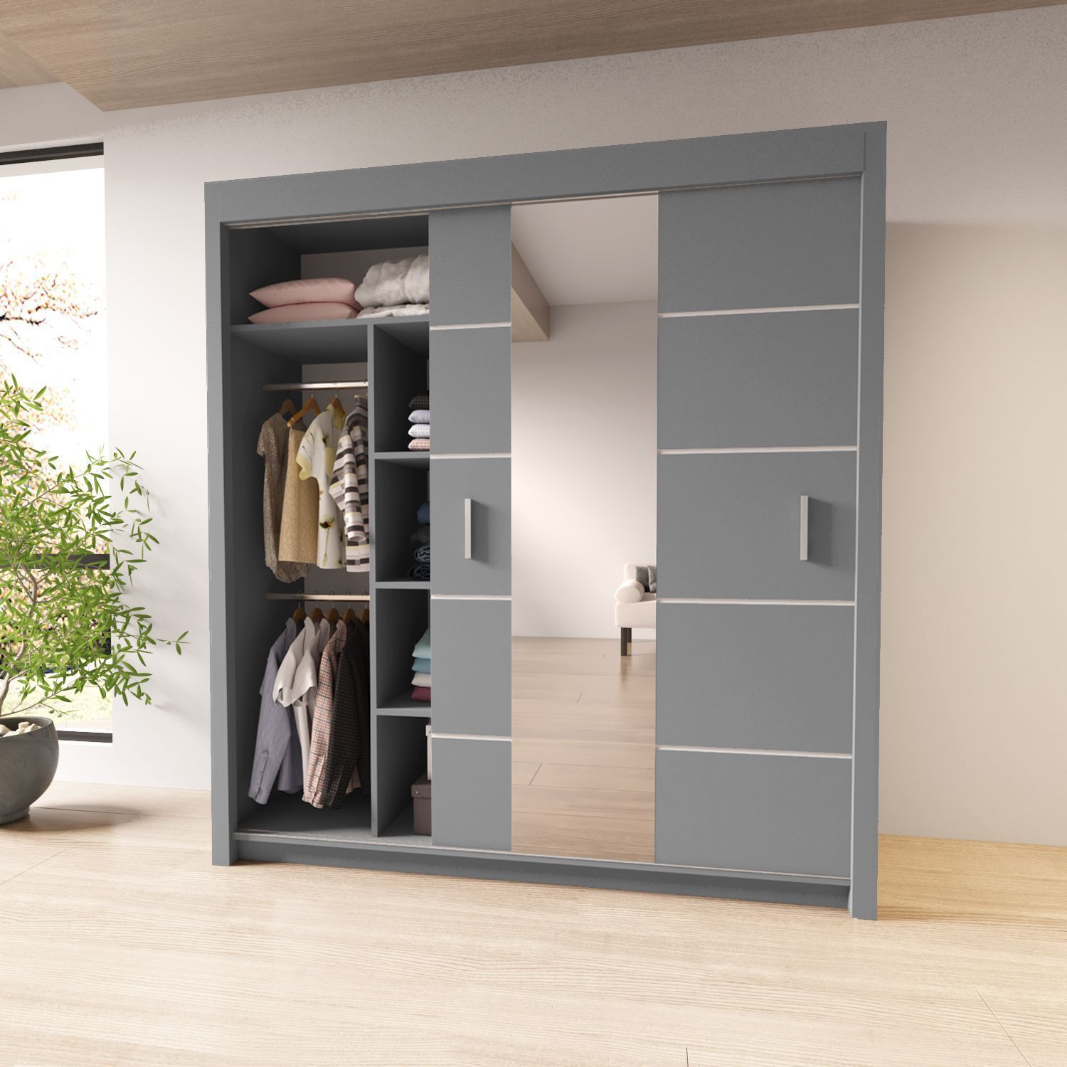 Sliding Mirror Door Bedroom Wardrobe - Lisbon | Multiple sizes &amp; colours