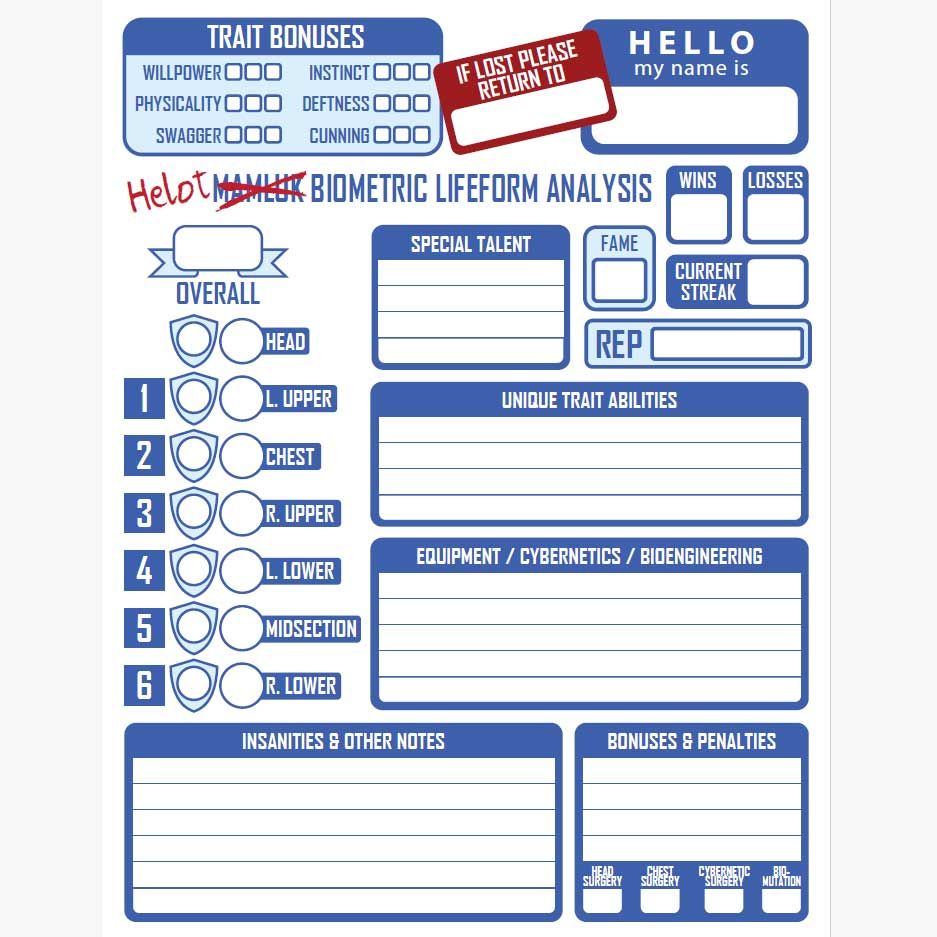 Helot and Lanista Legacy Edition Character Sheets Printable PDF File