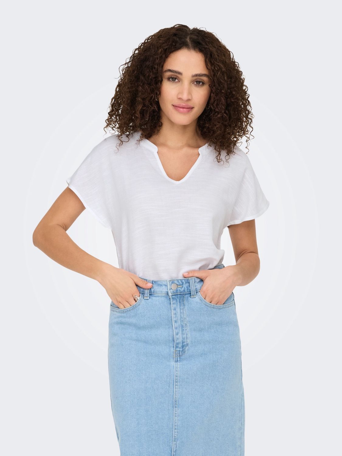 JDY Top Caya Lion Linen S/S, Kleur: Bright White, Maat: XS