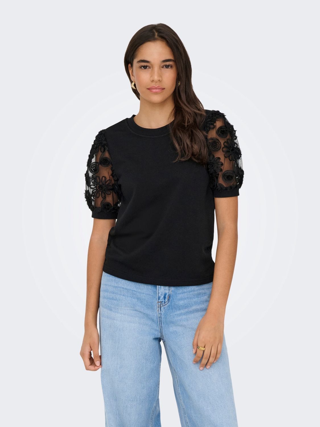 JDY Fairview Life Korte Mouw Sweater, Kleur: Black Flower Lace, Maat: S