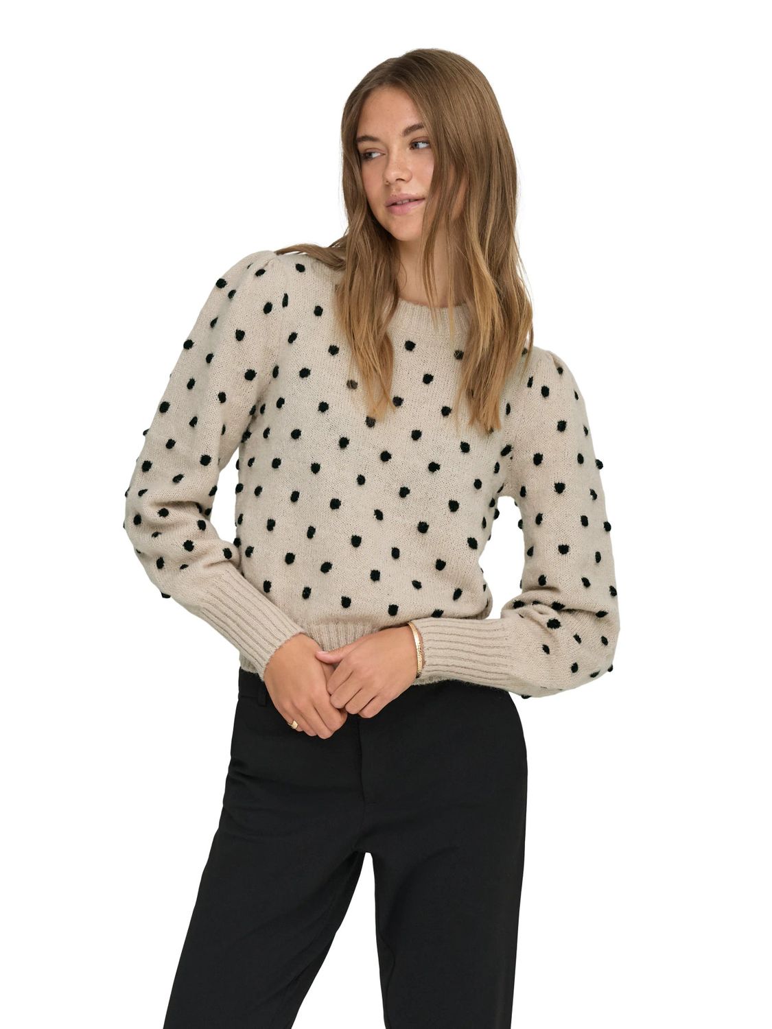 JDY Long Sleeve O-Neck Puff Sleeve Knit Pullover Sigrid Life - Cement W. BL, Kleur: Cement W. BLACK DOTS, Maat: M