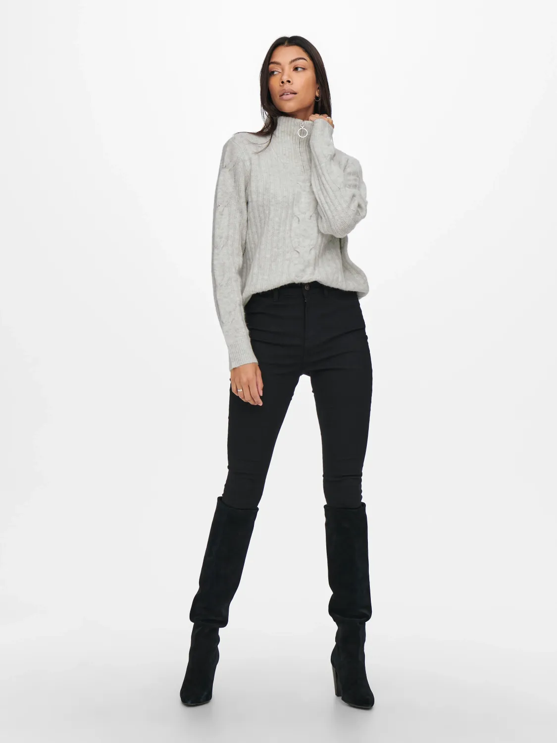 JDY Trui Andrea Longsleeve Zip Cable - Light Grey, Kleur: Super Light Grey Melange, Maat: M