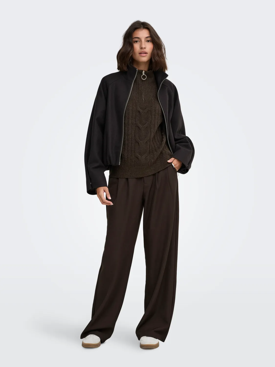 JDY Trui Andrea Longsleeve Zip Cable -  Coffee Bean, Kleur: Coffee Bean MELANGE W. GOLD TRIM, Maat: S