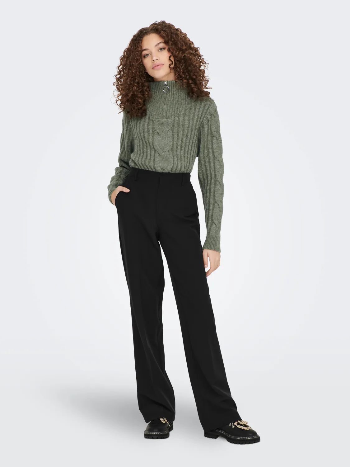 JDY Trui Andrea Longsleeve Zip Cable - Kalamata, Kleur: Kalamata MELANGE, Maat: XS
