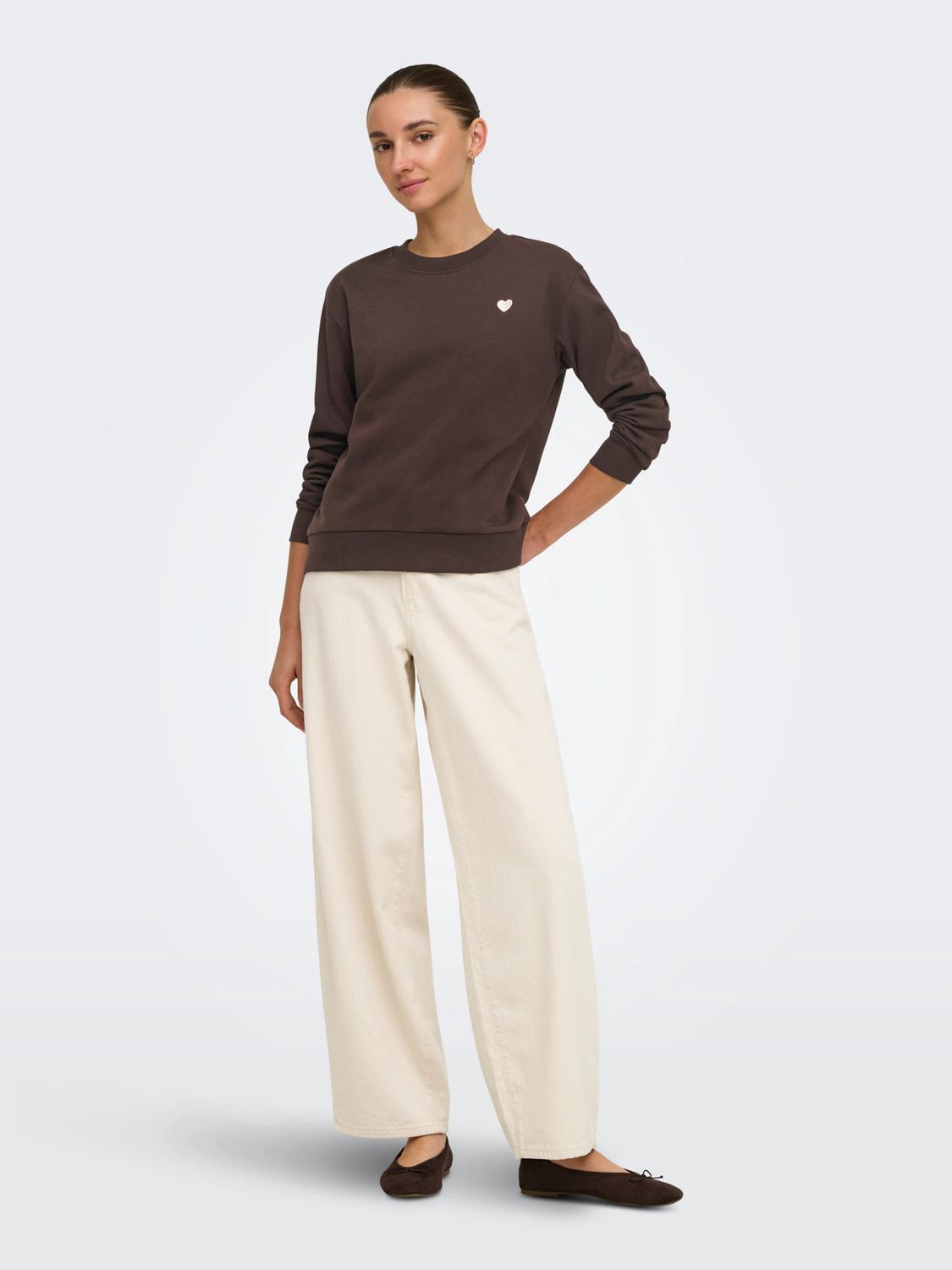 JDY Long Sleeve Embroidered Sweatshirt Paris Jrs - Coffee Bean, Kleur: Coffee Bean, Maat: S