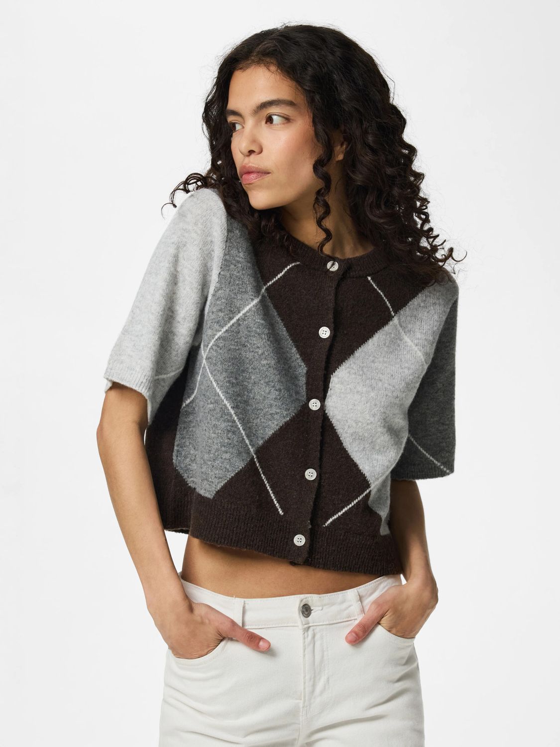 Pieces Short Sleeve Knit Check Cardigan Sally BC - Hot Fudge, Kleur: Hot Fudge GREY/BIRCH, Maat: M