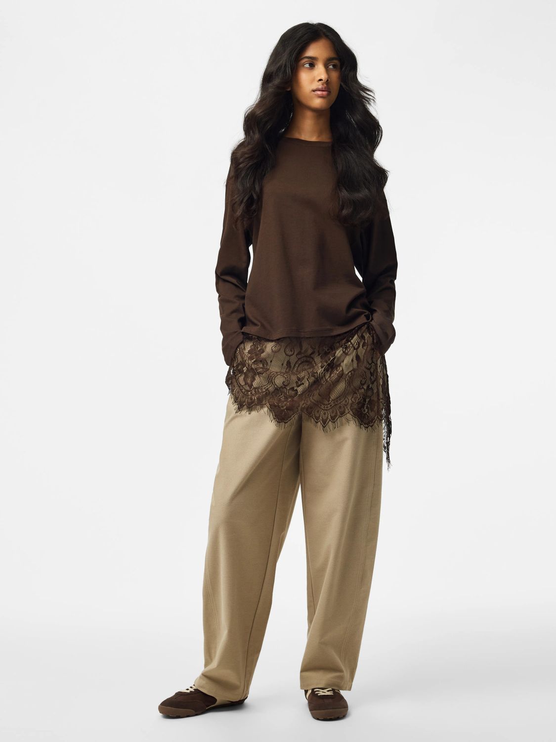 Pieces Long Sleeve Lace Top Mave Juniors D2D - Hot Fudge, Kleur: Hot Fudge, Maat: M