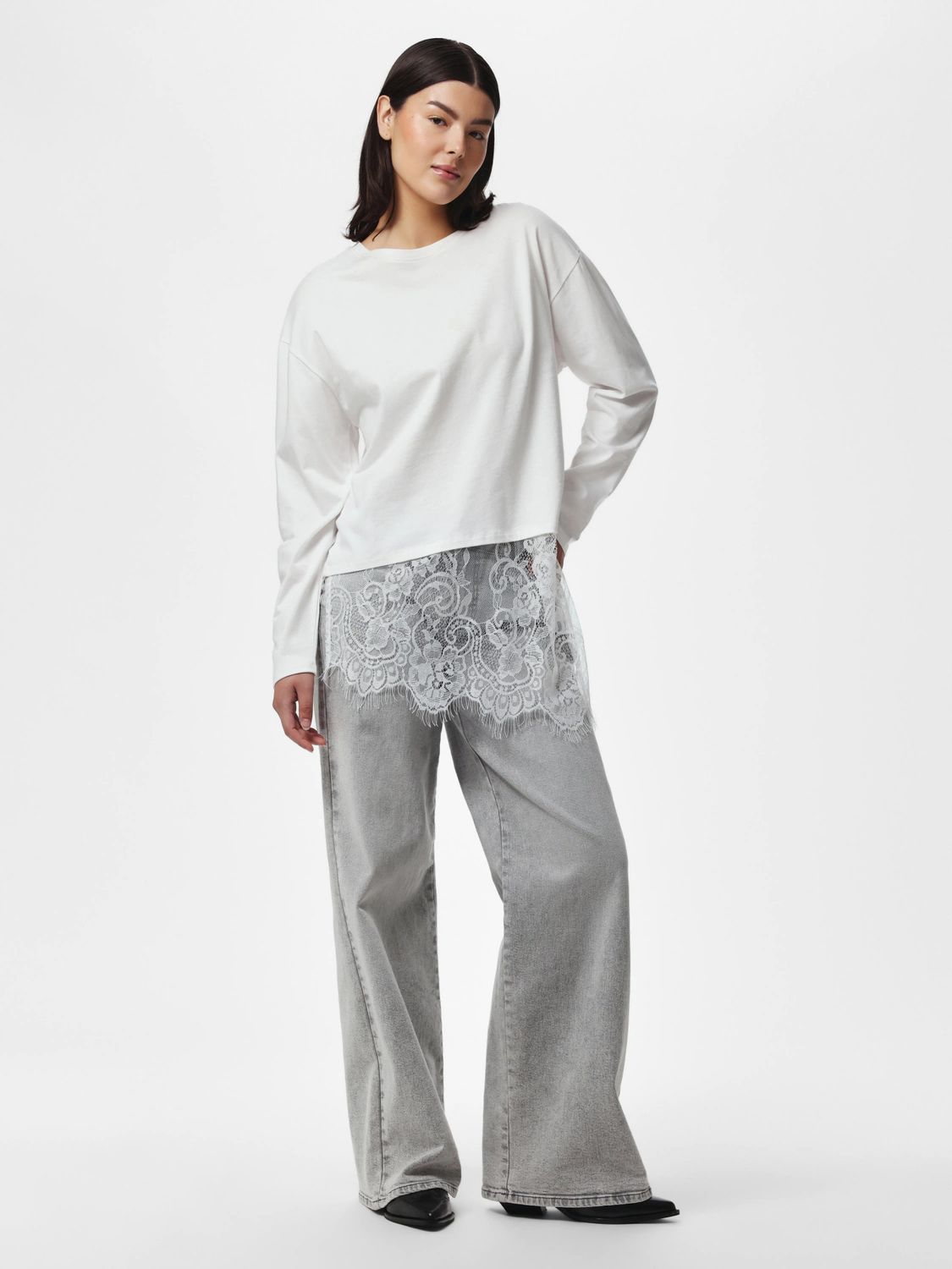 Pieces Long Sleeve Lace Top Mave Juniors D2D - Bright White, Kleur: Bright White, Maat: L