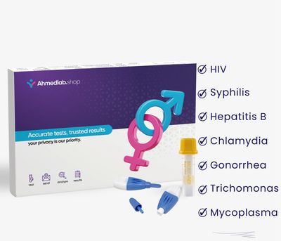 اختبار 7 في 1 شامل – الكلاميديا، السيلان، التريكوموناس، الميكوبلازما، HIV، الزهري، التهاب الكبد B + علاج مجاني للبكتيريا