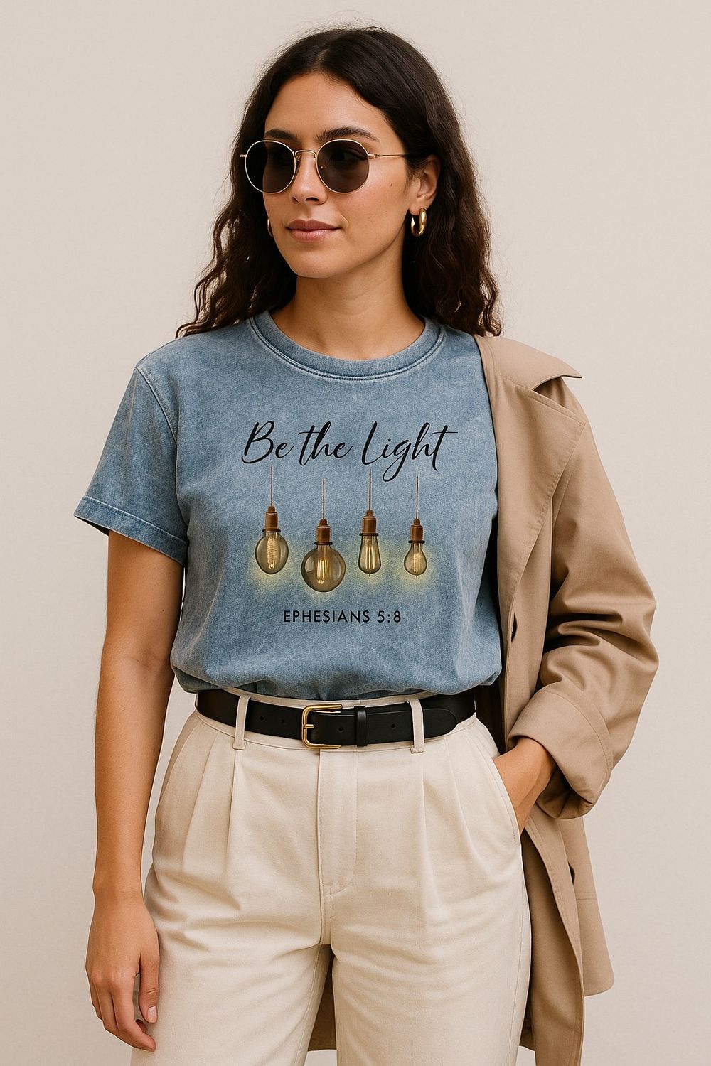 Be The Light-Women&#39;s- Blue Washed Denim T-Shirt