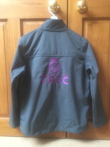 Soft shell jacket. Grey with purple embroidery front and back. Sizes small to xxl. Kids sizes available too. £44.99