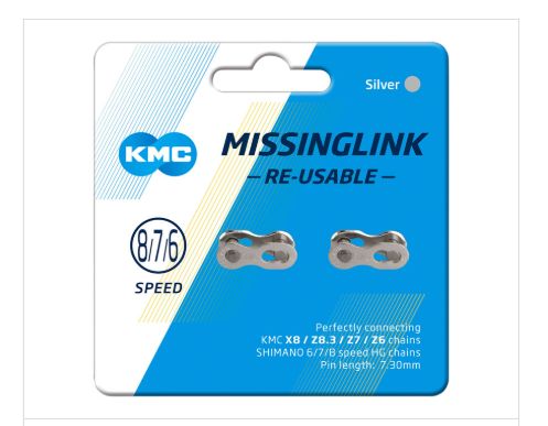 KMC MissingLink CL573R 7.3mm Connector - 6,7,8-Speed, Reusable, Silver, 2 Pairs/Card