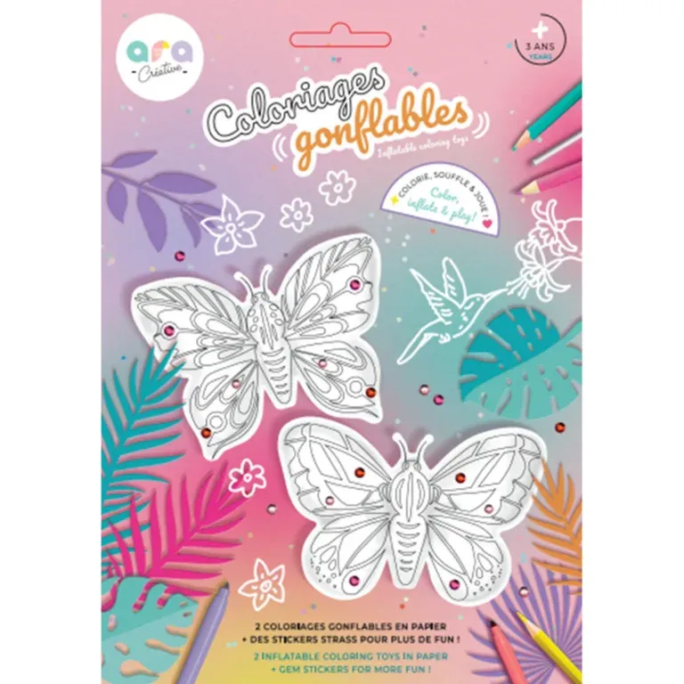 ARA CREATIVE - Opblaasbare kleurplaten - Vlinders + Diamand stickers