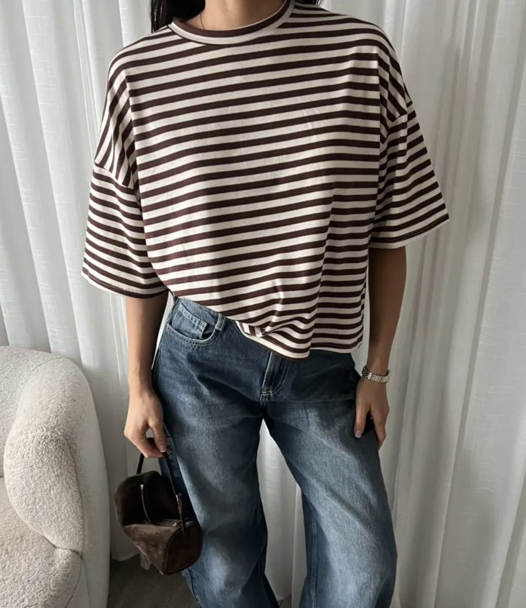 LUFF - Stripe Boxy tshirt - Creme/Brown