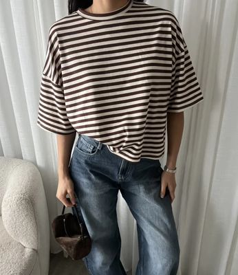 LUFF - Stripe Boxy tshirt - Creme/Brown