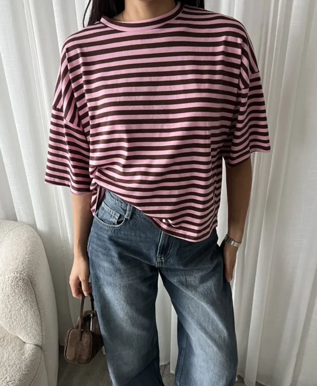 LUFF - Stripe Boxy tshirt - Pink/Brown