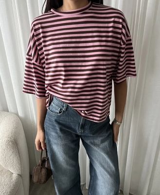 LUFF - Stripe Boxy tshirt - Pink/Brown