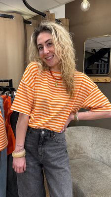 LUFF - Stripe Boxy tshirt - Orange/Ecru