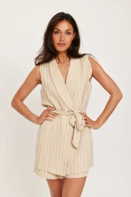 RUT - Janina Linnen Vest - Beige Black Stripe
