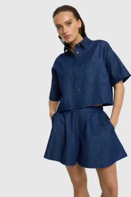 REFINED - Adeline Short Sleeve Denim Jacket - Navy
