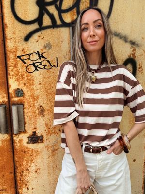 NO LABELS - Boxy Stripe T-Shirt - Brown/Creme