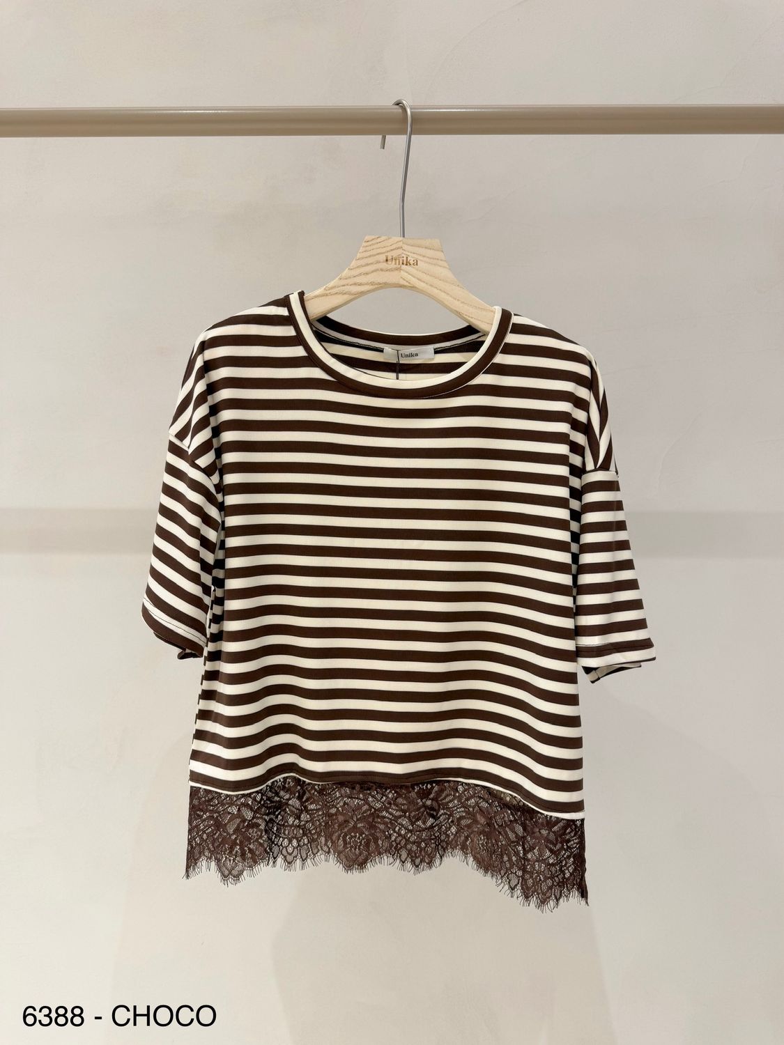 LUFF - Stripe Tee With Lace - ONE SIZE - Choco/Ecru