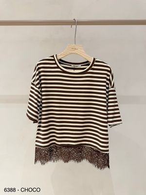 LUFF - Stripe Tee With Lace - ONE SIZE - Choco/Ecru