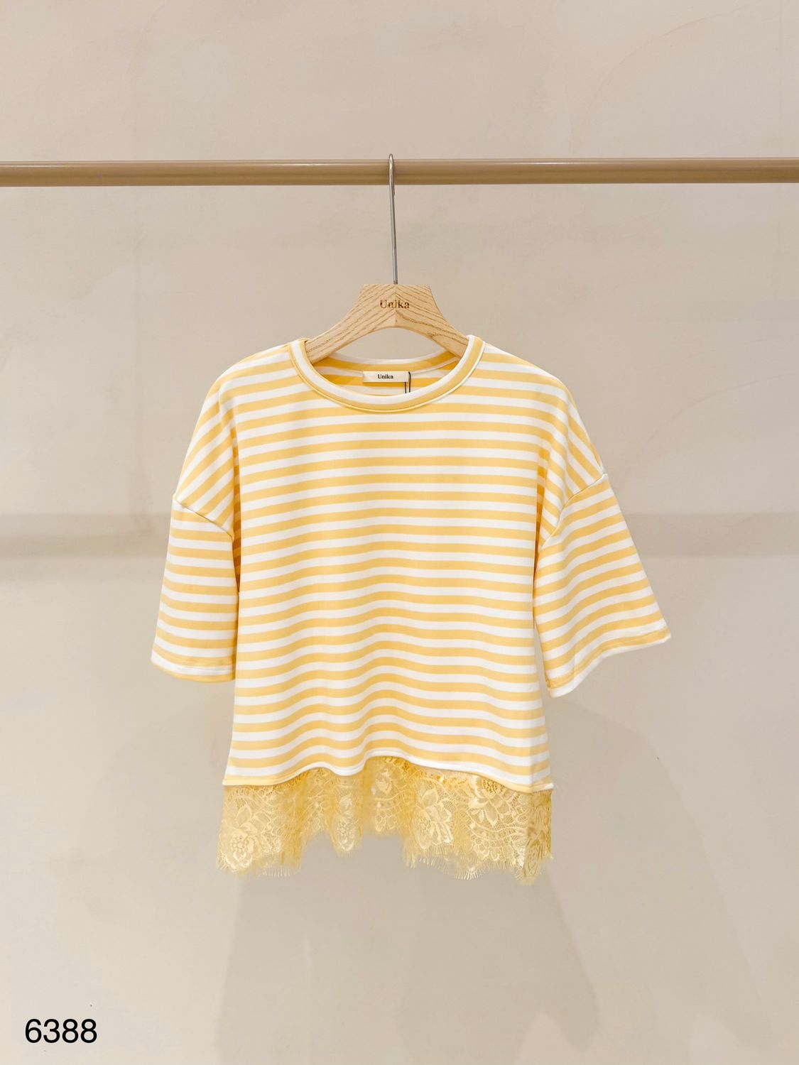 LUFF - Stripe Tee With Lace - ONE SIZE - Yellow/Ecru