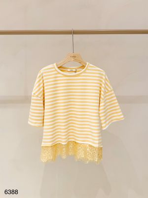 LUFF - Stripe Tee With Lace - ONE SIZE - Yellow/Ecru